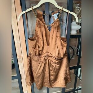 Vintage y2k Caché silk chain top copper halter vneck cutout sexy 90s ruched